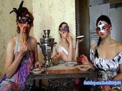 Three nasty bitches eating on poop buffet 